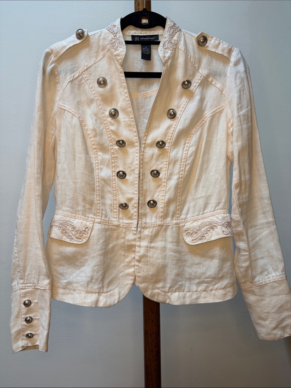 INC International Concepts Cream Linen Military-Style Embroidered Jacket S